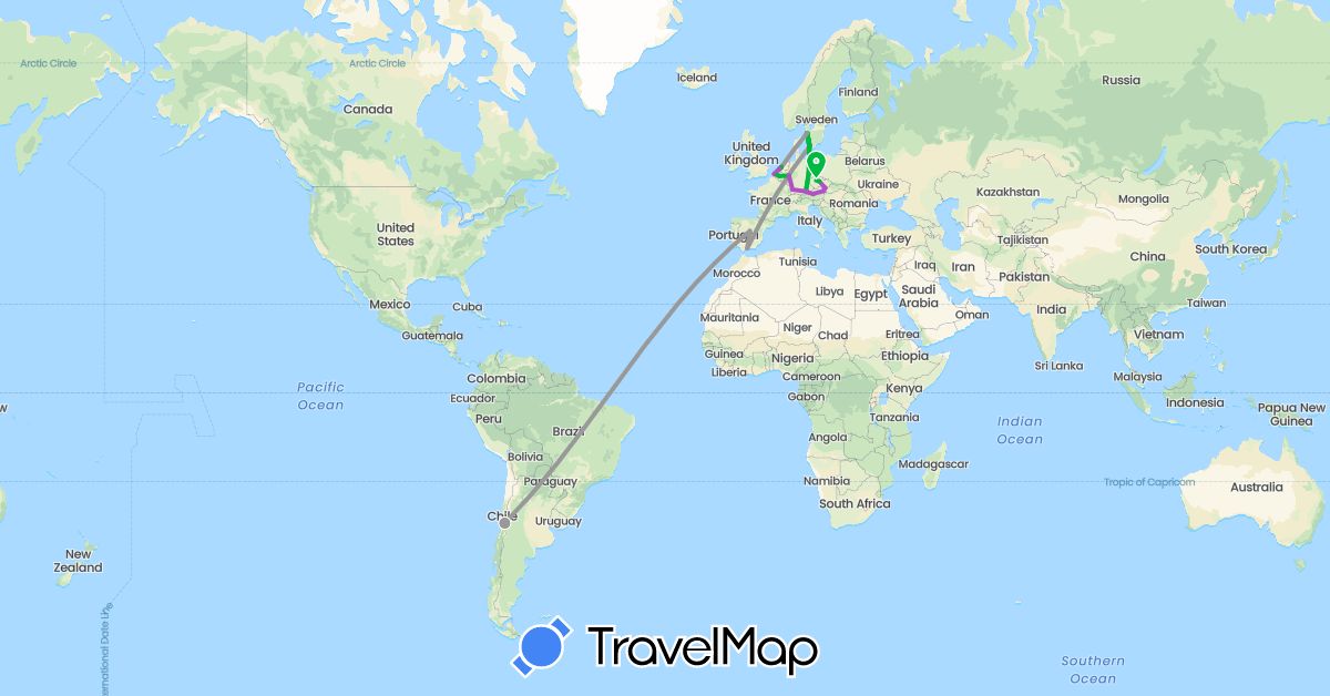 TravelMap itinerary: driving, bus, plane, train, boat in Austria, Belgium, Chile, Czech Republic, Germany, Denmark, Spain, Netherlands, Sweden (Europe, South America)